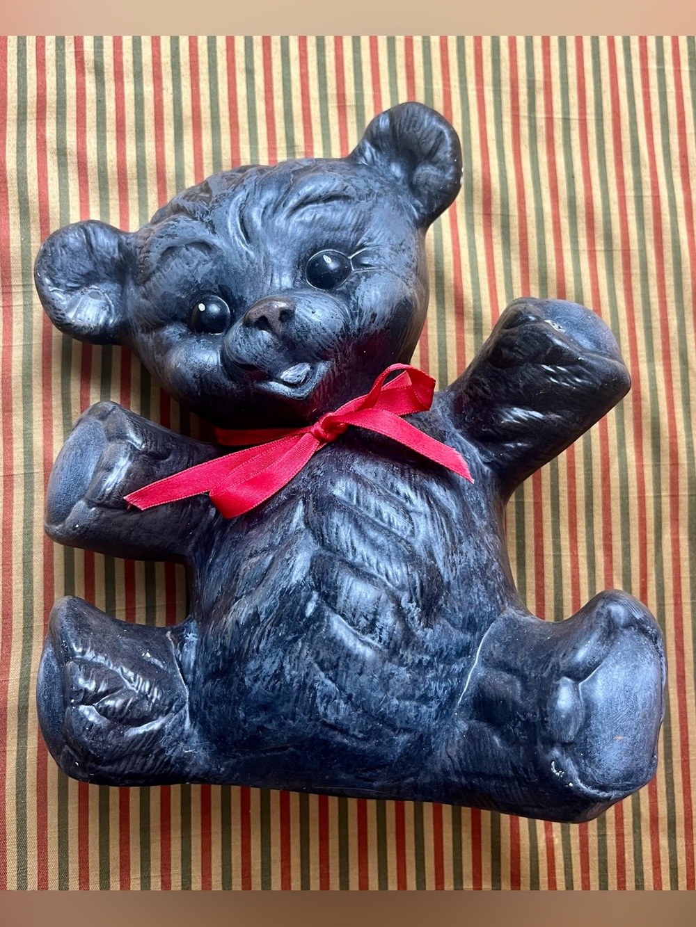 Vintage Teddy Bear Sculpture Figurine Dark Black Bear Red Ribbon Signed Marked